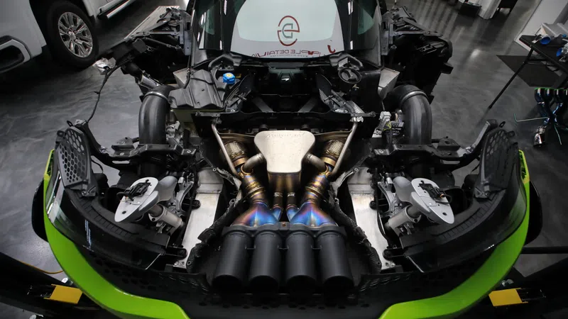 Exposed high-performance car engine with multiple exhaust pipes and glowing blue heat marks under hood.