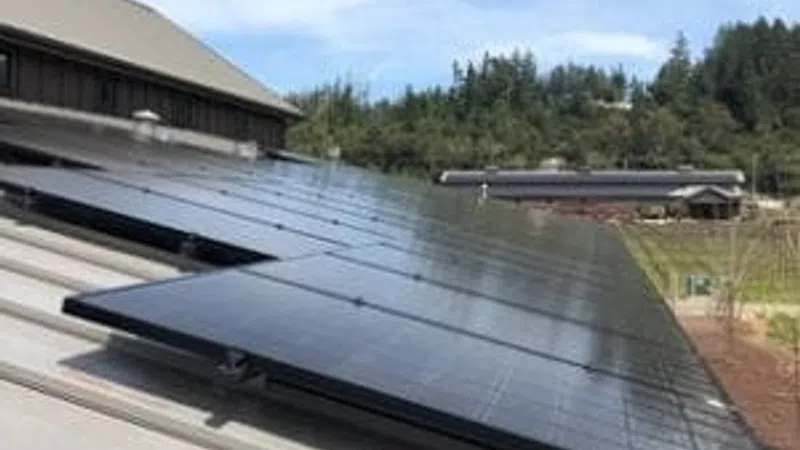Solar panels installed on a metal rooftop with a forested hill and blue sky in the background.