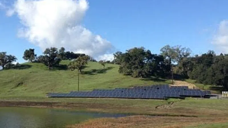 Solar panels installed on grassy hillside near a pond under blue sky with scattered clouds.