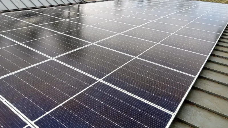 Solar panels installed on a rooftop reflecting light with outdoor greenery in the background on a sunny day.