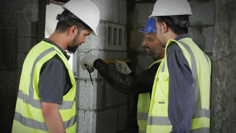 Three construction workers in helmets and reflective vests measuring a concrete block wall inside a building