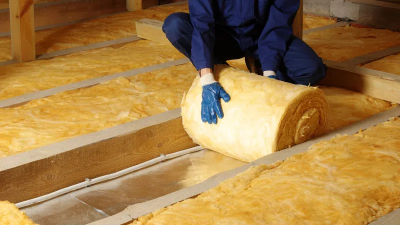 Worker installs yellow fiberglass insulation rolls between wooden joists in an attic space.