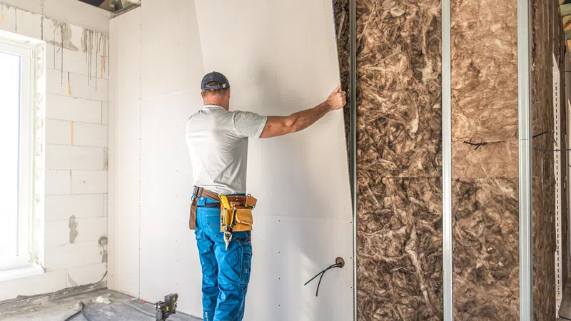 Construction worker installing drywall over insulation in an unfinished room with natural light.