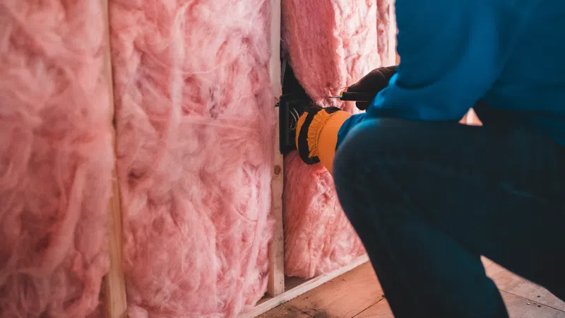 Person installing pink fiberglass insulation inside wooden wall studs during home construction