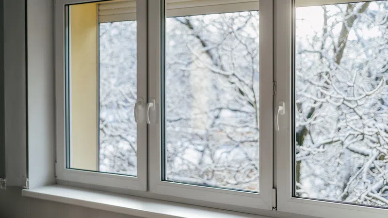 Double-glazed white PVC window overlooking snow-covered tree branches outside in winter.