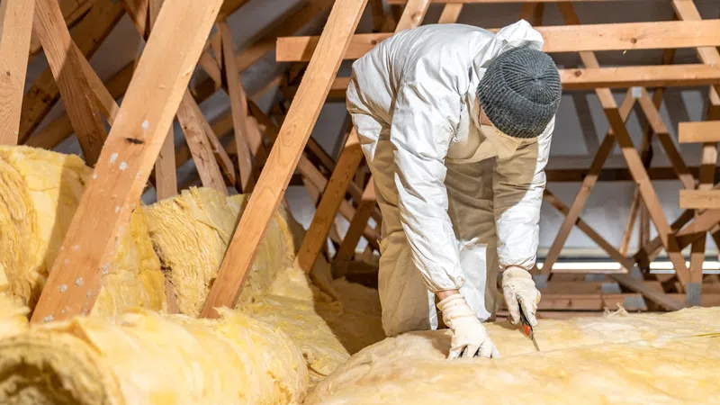 Worker in protective gear installing yellow fiberglass insulation in an attic with wooden beams