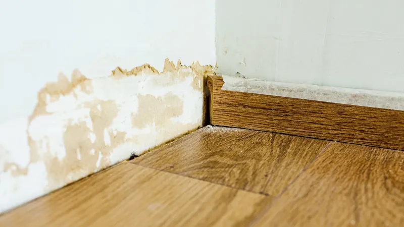 Close-up of water-damaged wall with peeled paint and wooden floorboards near a corner baseboard.