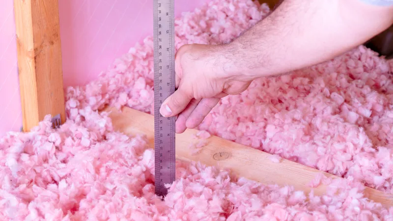 A hand measuring insulation material in a pink attic with a ruler on a wooden beam.