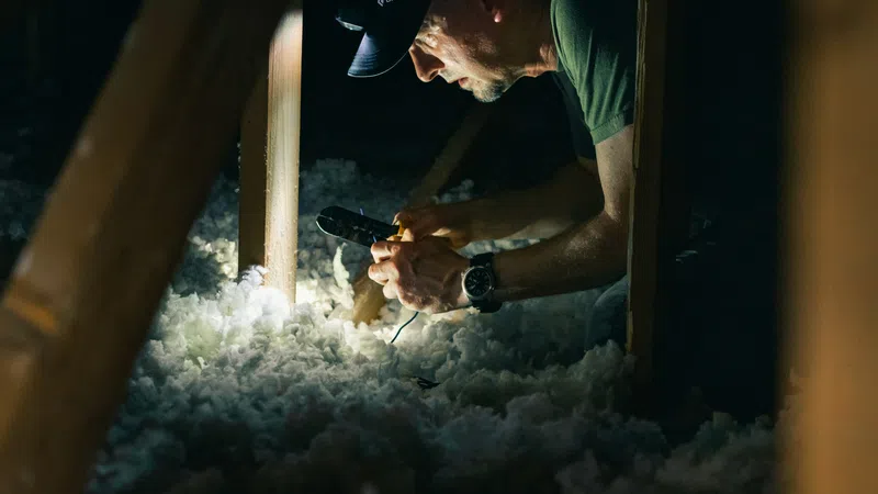 Man inspecting insulation in attic using flashlight and screwdriver in dimly lit space with wooden beams.