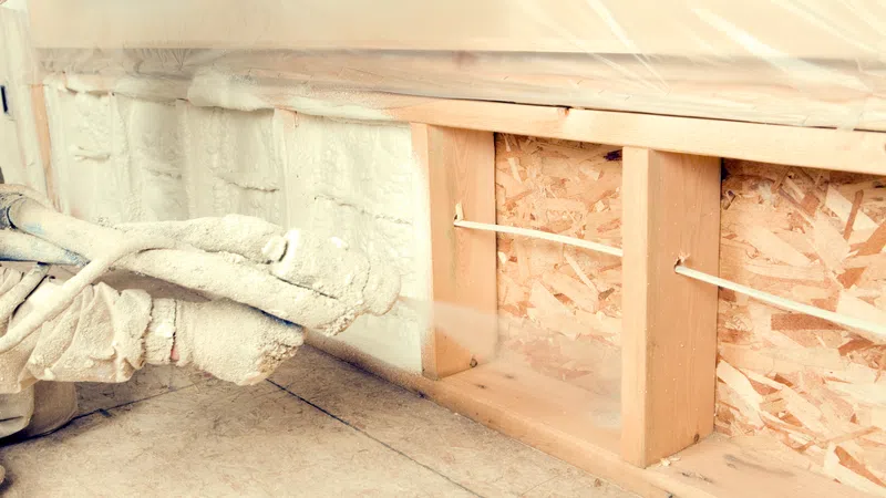 Worker spraying foam insulation into wall cavity during home construction or renovation.