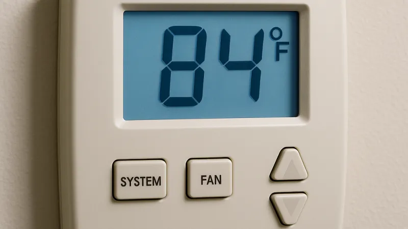Digital wall thermostat displaying 84°F with system and fan buttons and temperature control arrows.