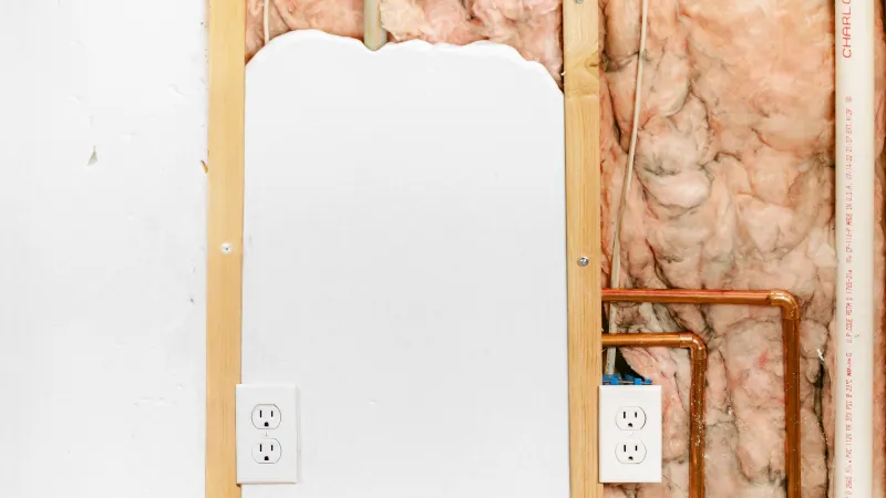 Exposed wall framing showing insulation, electrical outlets, and copper plumbing in a renovation project.