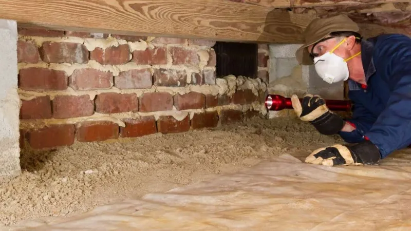 Worker in protective mask inspecting brick foundation crawl space with flashlight under house