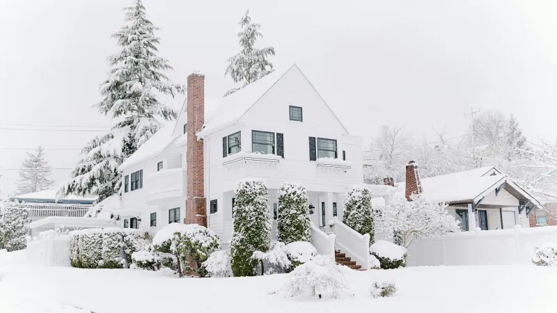 White two-story house surrounded by snow-covered trees and bushes in a winter landscape.
