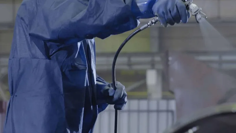 Person in full protective suit spray painting a surface inside an industrial facility or workshop.