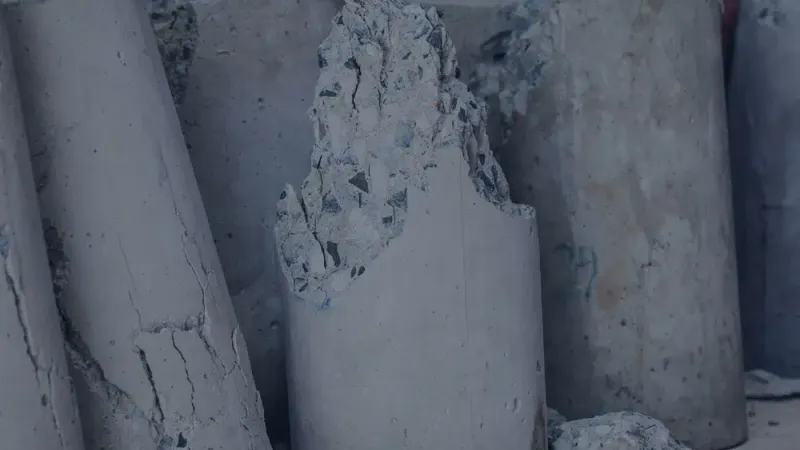 Broken concrete cylinders with visible aggregate pieces stacked in a construction site setting.