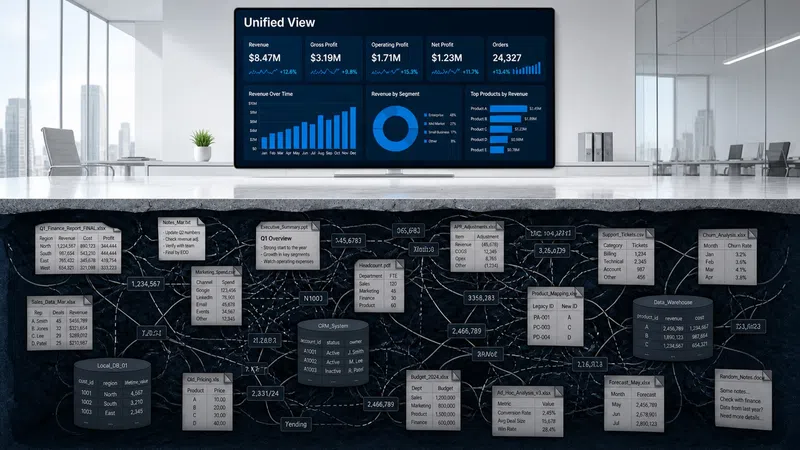 Modern office with a large screen showing financial data and a marble table with connected data flowcharts.