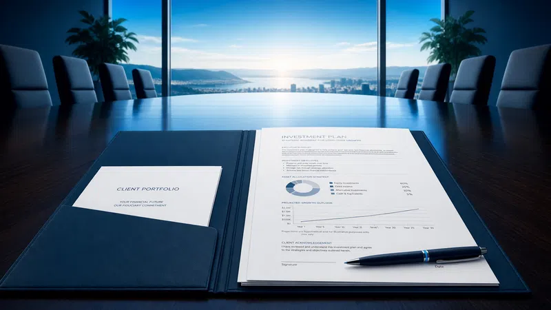 Investment plan and client portfolio documents on a conference table with city skyline view through floor-to-ceiling windows.