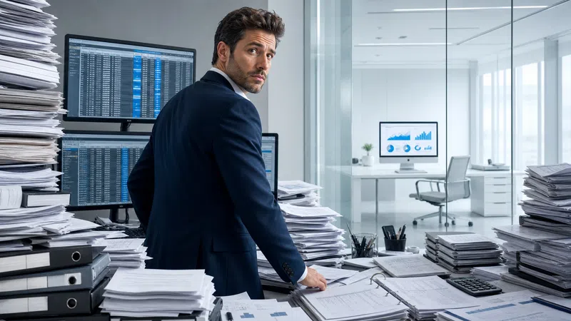 Businessman in a suit working amidst stacks of paperwork and multiple monitors displaying data in a modern office.