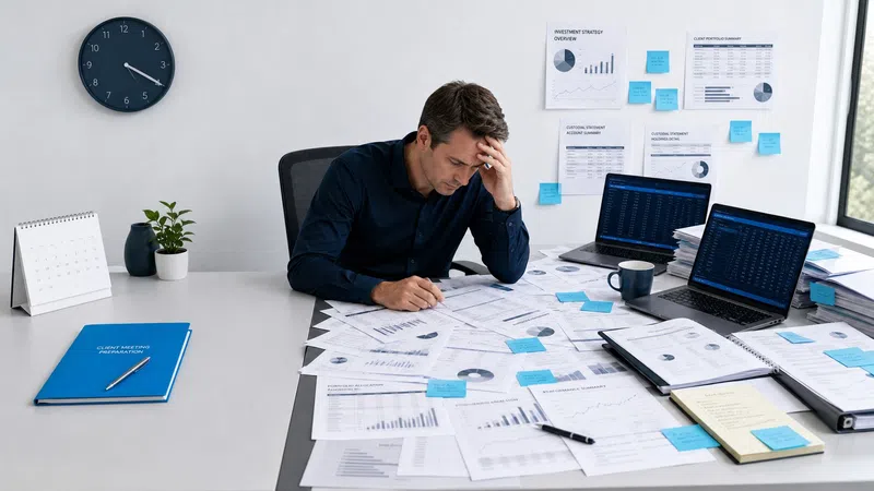 Stressed man reviewing numerous financial charts and data papers at a cluttered modern office desk.