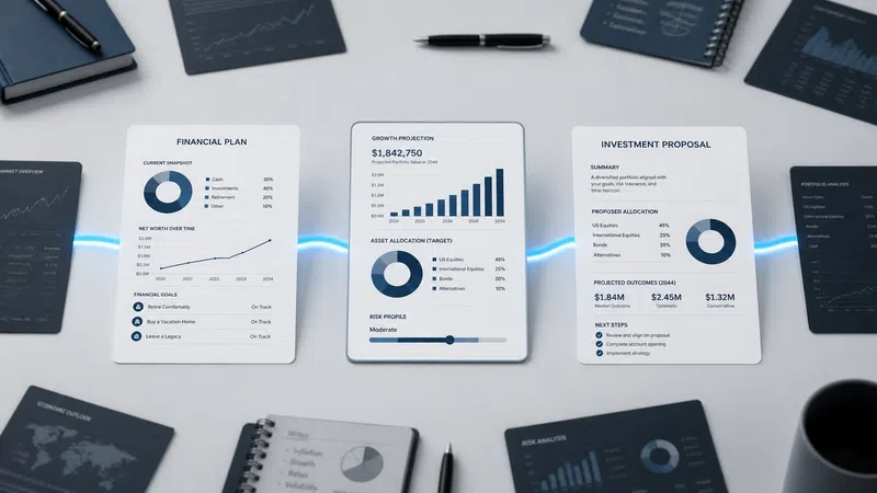 Three financial documents with charts and graphs connected by blue light, surrounded by notebooks and pens on a desk.