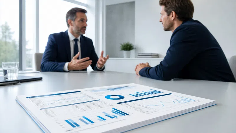 Two businessmen in suits discussing financial charts and graphs displayed on a table in a modern office.