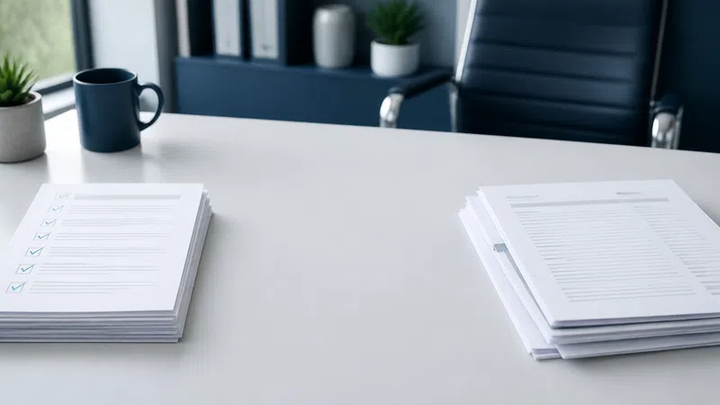Clean office desk with two stacks of papers, a blue coffee mug, and small potted plants in the background.