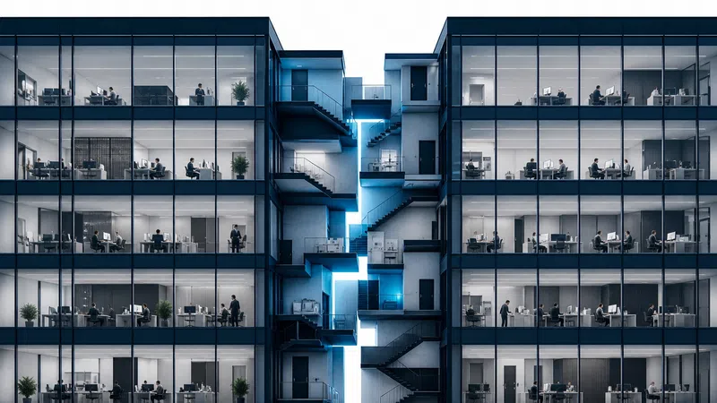 Modern office building with glass walls showing employees working inside and illuminated central stairwell.