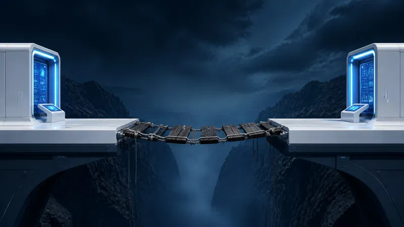 Futuristic servers connected by a narrow wooden bridge over a deep foggy canyon at night under a cloudy sky.