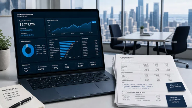 Laptop displaying detailed portfolio overview with charts and financial data in modern office setting.