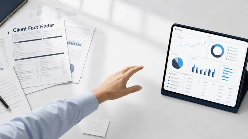 Person analyzing financial charts and graphs on a tablet with printed client fact finder documents nearby.