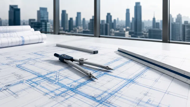 Architectural blueprints with compass and ruler on desk overlooking city skyline through large windows.