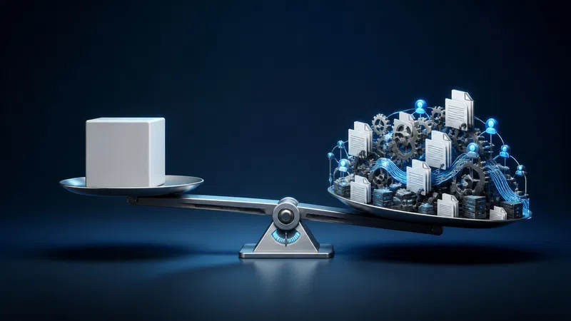 Digital scale balancing a plain white cube against complex network of documents, gears, and data connections under blue light.