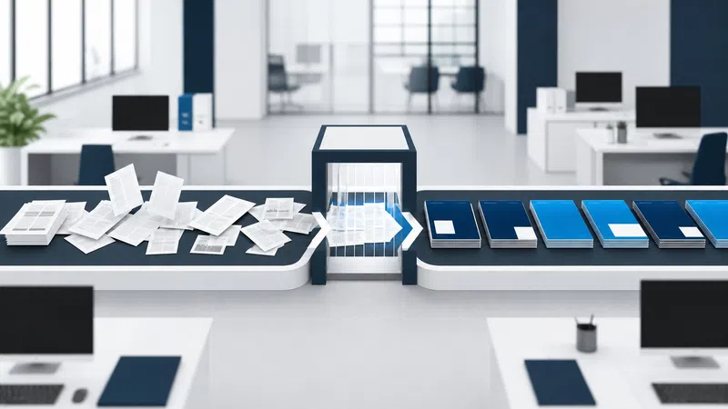 Conveyor belt in office converting scattered papers into organized blue folders and books.