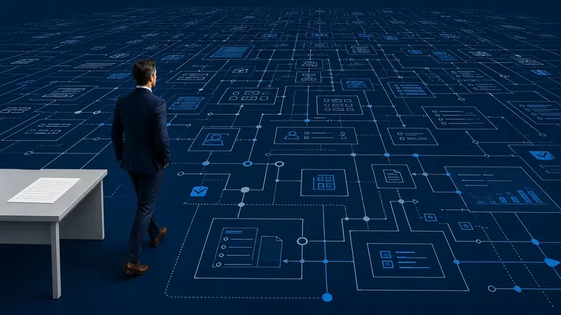 Businessman in suit analyzes complex digital workflow and data network represented by blue diagrams on dark background.