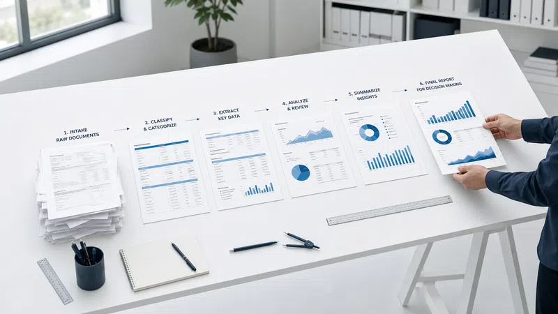Documents arranged in six steps showing data processing from raw intake to final report on a white desk.