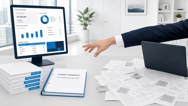 Businessman pointing at financial chart on computer screen with documents and reports on desk in office.