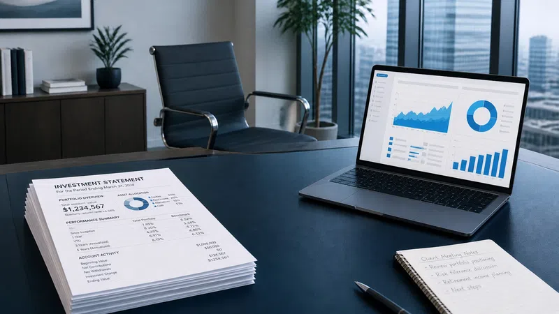 Office desk with investment statement papers, laptop displaying financial charts, notebook, and pen near window.