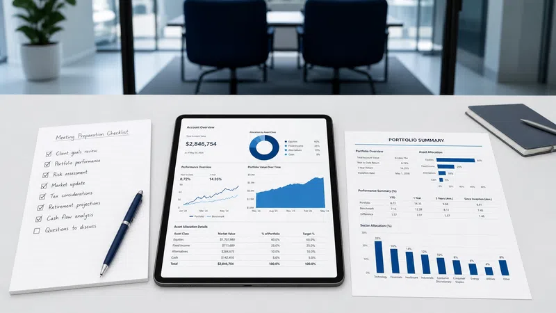 Tablet displaying financial charts and graphs alongside printed portfolio summary and meeting checklist with pen.