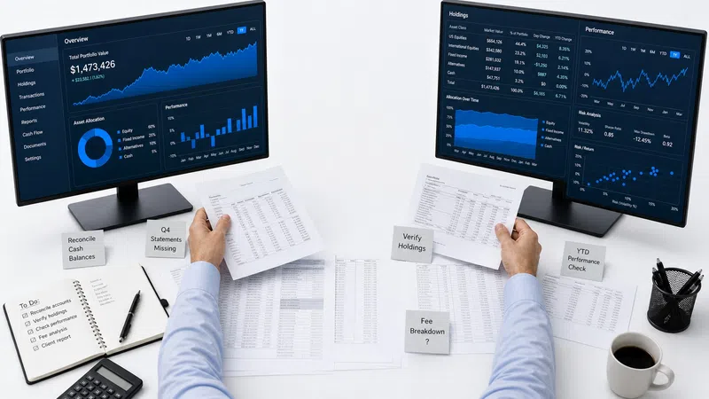 Person analyzing financial reports and data with two monitors displaying portfolio performance charts