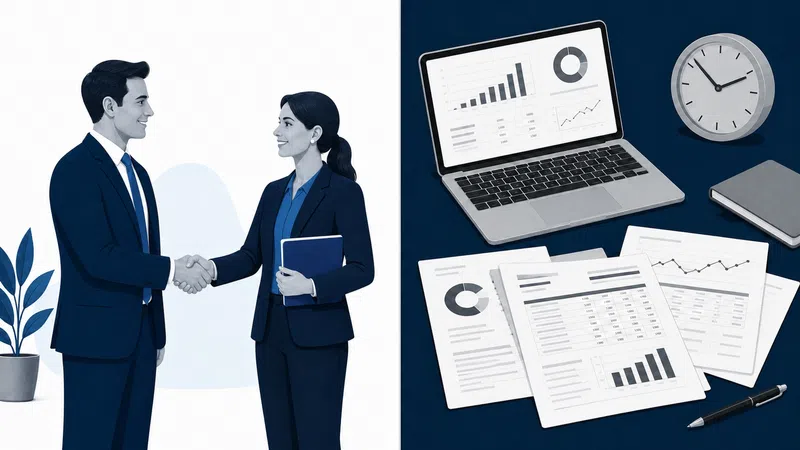 Businessman and businesswoman shaking hands next to laptop displaying charts and financial reports on table.