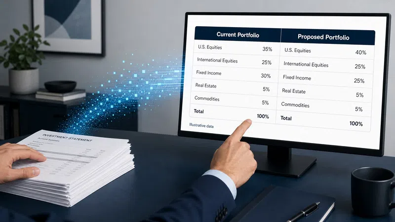 Person reviewing investment portfolio allocation on computer screen with overlaid digital data graphics.