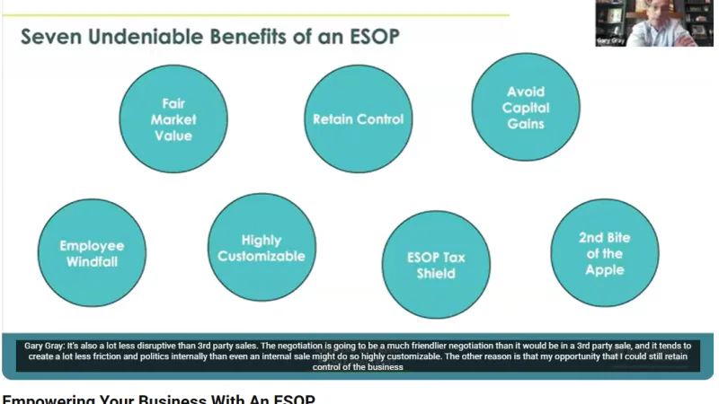 Diagram showing seven key benefits of an ESOP including control, tax shield, and employee windfall.