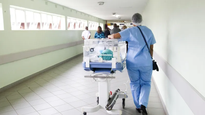 Nurse in scrubs pushing a neonatal incubator with a baby inside down a hospital corridor.