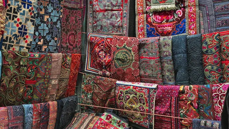 a group of colorful patterned fabric
