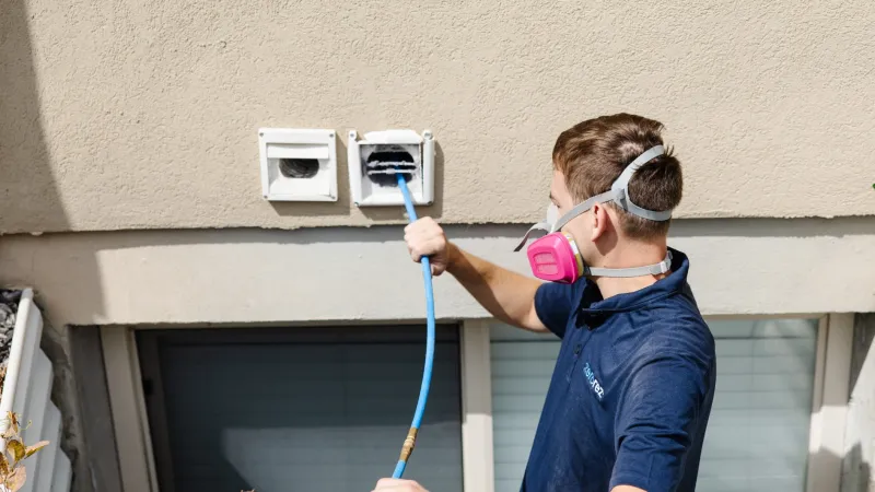 a male Zerorez employee feeding a cleaning hose into a dirty dryer vent