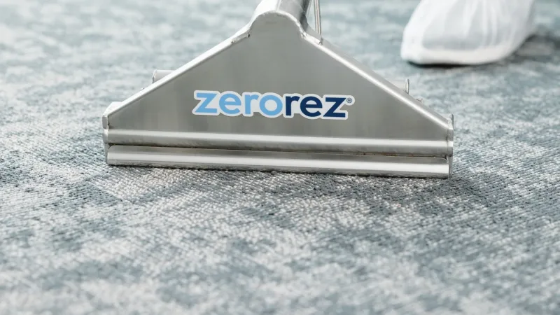 Close up of the Zerorez® Zr Wand cleaning Berber Carpet in a commercial office building