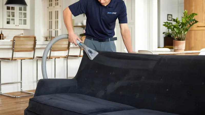 a male Zerorez technician using a handheld upholstery cleaning tool to clean the back of a navy blue microfiber couch