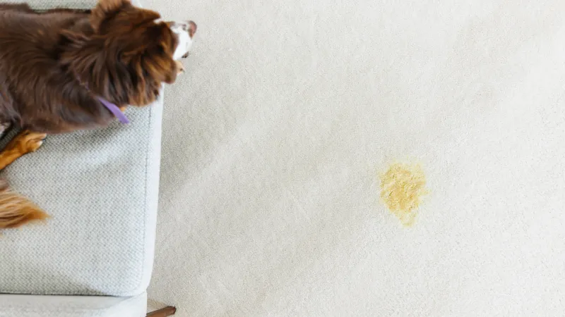 a dog looking at a yellow stain on a white carpet