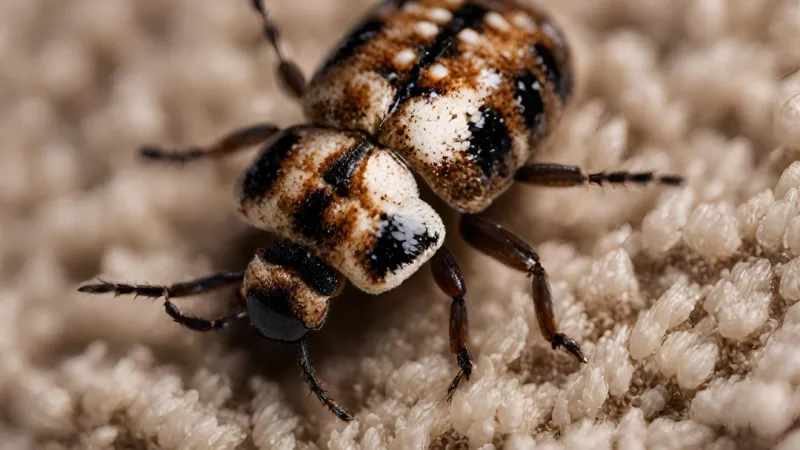 a close up of a varied carpet beetle on carpeting